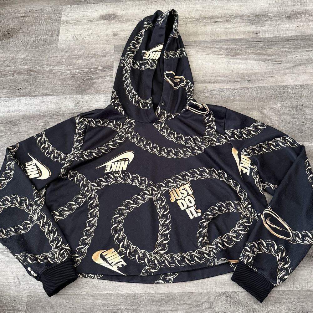 NIKE Sportswear Icon Clash Crop Top Hoodie Womens Large Black Gold Chain Logo